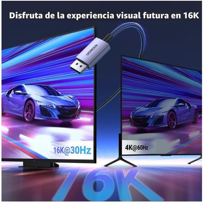 UGREEN Cable DisplayPort 2.1 de 16K 6.6 pies [certificado VESA] DP 2.1 40Gbps compatible con 8K @240Hz 1080P a 540Hz HDR, HDCP, DSC 1.2a, cable de puerto de pantalla trenzado, compatible con monitor de tarjeta de video FreeSync G-Sync thumbnail 3