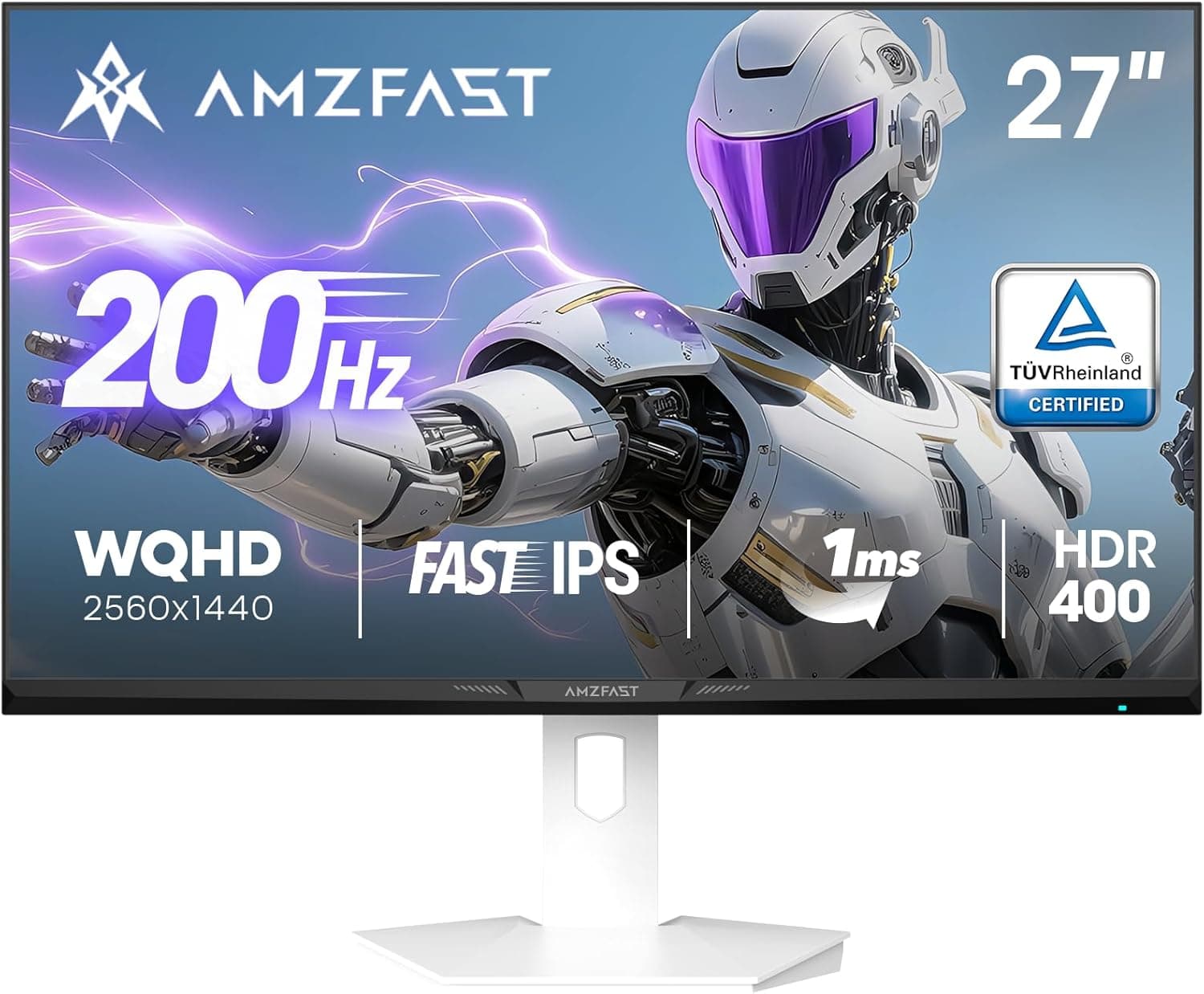 Amzfast Monitor de juegos blanco de 27 pulgadas 1440P 200Hz/180Hz, MPRT 1ms 2K QHD, IPS rápido | HDR400 y TÜV Rheinland Cuidado de los ojos e intercambio de 12 meses, con cable HDMI y DP