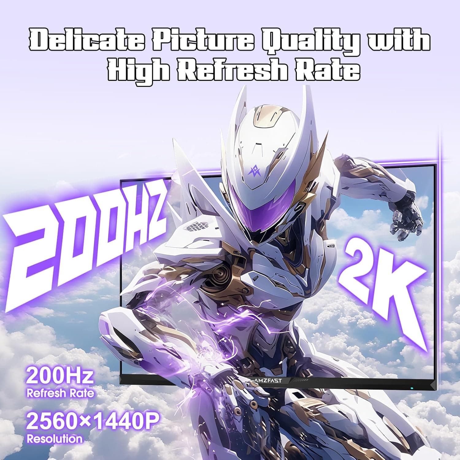 Amzfast Monitor de juegos blanco de 27 pulgadas 1440P 200Hz/180Hz, MPRT 1ms 2K QHD, IPS rápido | HDR400 y TÜV Rheinland Cuidado de los ojos e intercambio de 12 meses, con cable HDMI y DP thumbnail 3