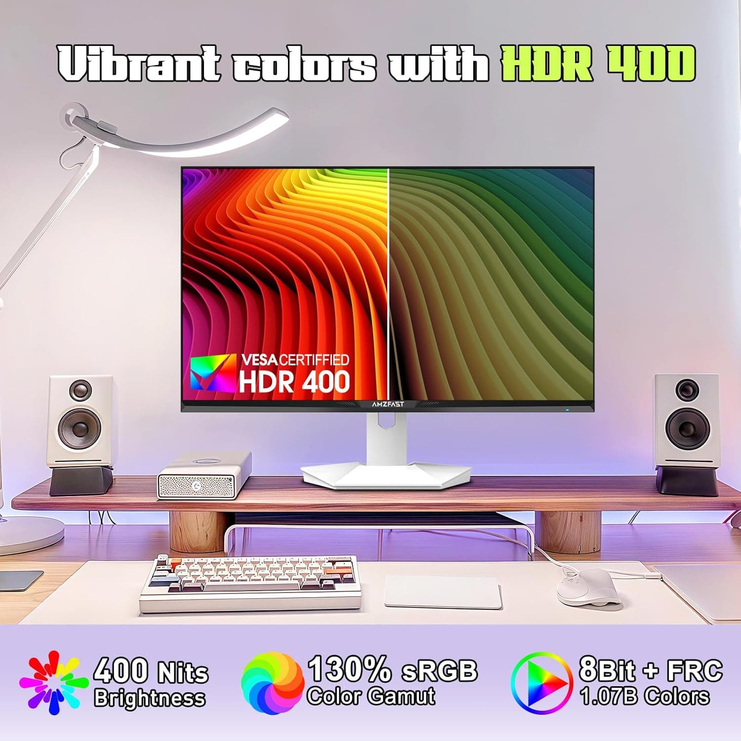 Amzfast Monitor de juegos blanco de 27 pulgadas 1440P 200Hz/180Hz, MPRT 1ms 2K QHD, IPS rápido | HDR400 y TÜV Rheinland Cuidado de los ojos e intercambio de 12 meses, con cable HDMI y DP thumbnail 5